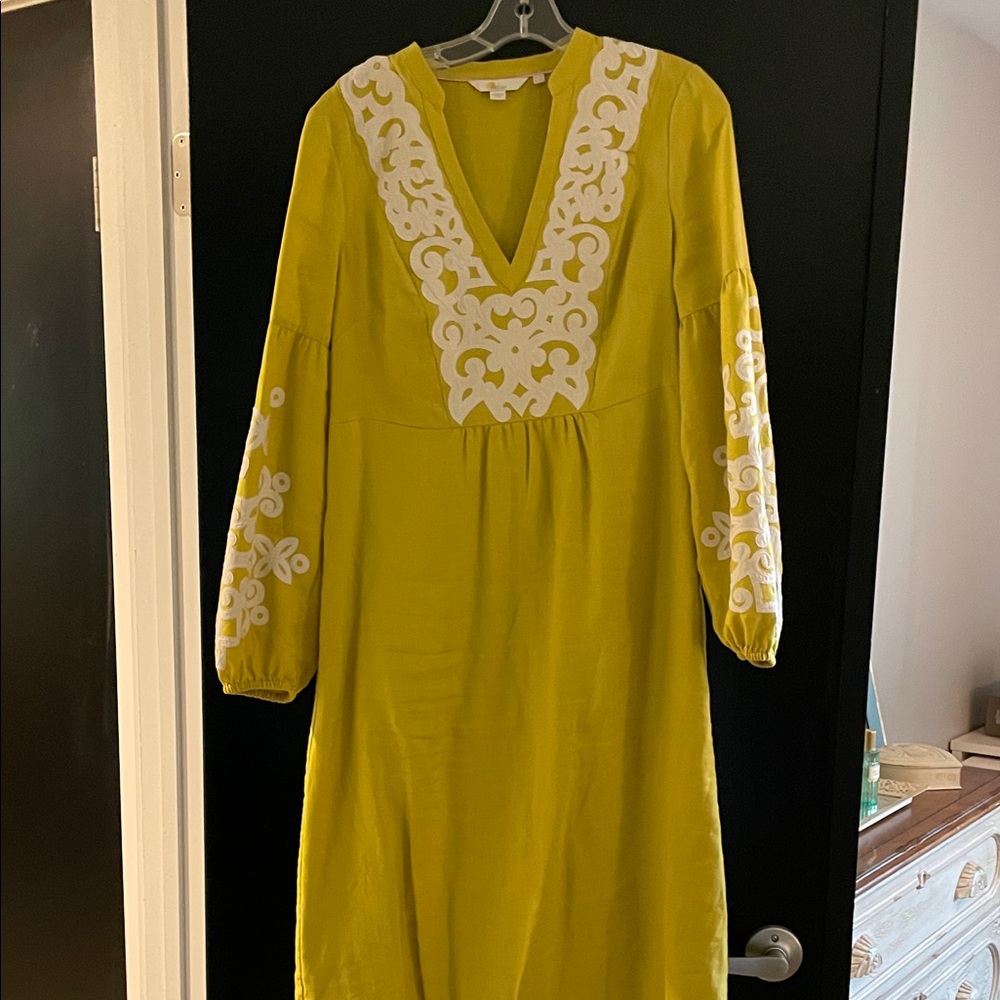 Boden Yellow Long Sleeve Dress with White Detailing